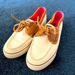 White and Brown Sperry Boat Shoes - Size 7